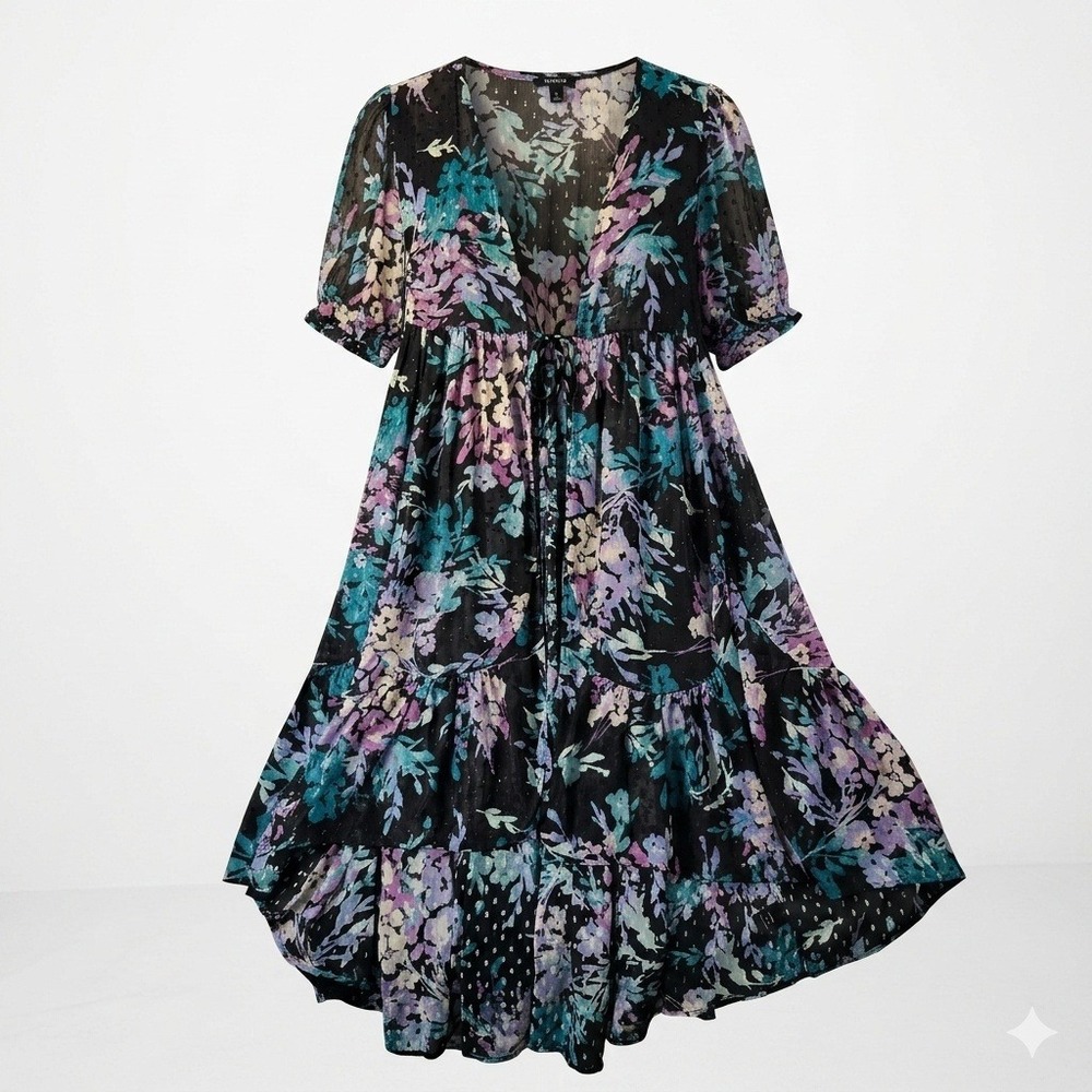 Torrid Floral Chiffon Tie Front Duster Kimono Black Purple 0 L Fairy Goth - Picture 7 of 13